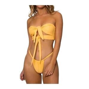 Khassani Swimwear Yellow Two Piece Bikini Sz XS Wrap Around Bandeau Top Cheeky